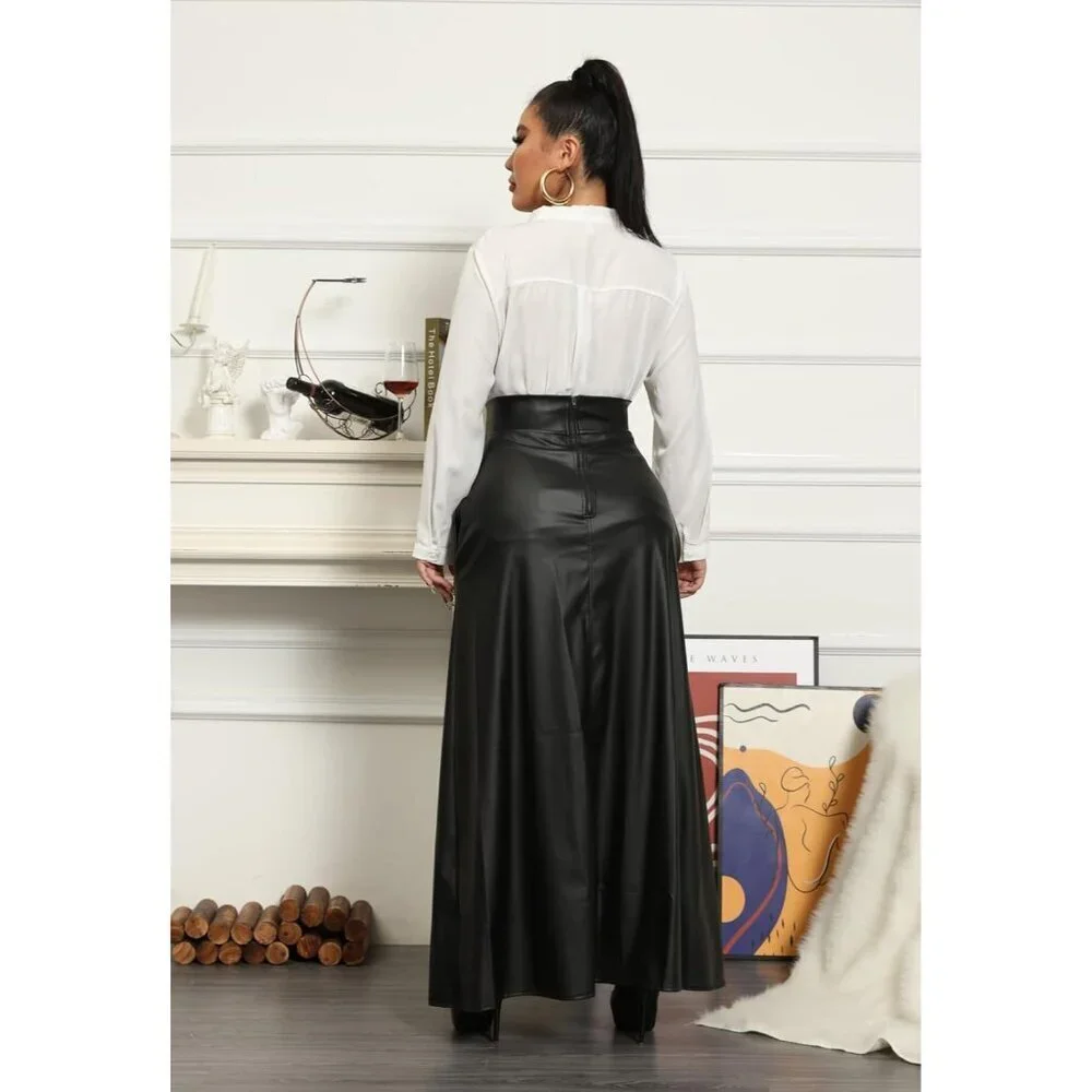 Women Black High Waisted Sexy PU Leather Vintage A-Line Long Skirt Pockets - Picture 6 of 6